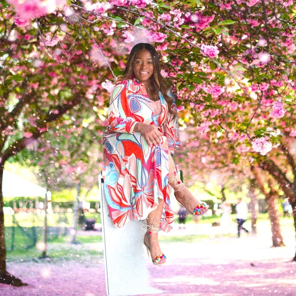 Mixed Floral Long Sleeve Robe Dress 
